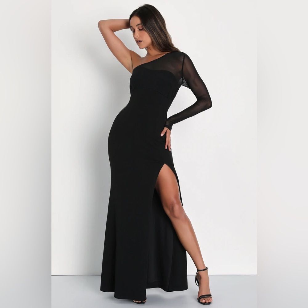 Lulus Stunning Essence Black Mesh One-Shoulder Mermaid Maxi Dress
